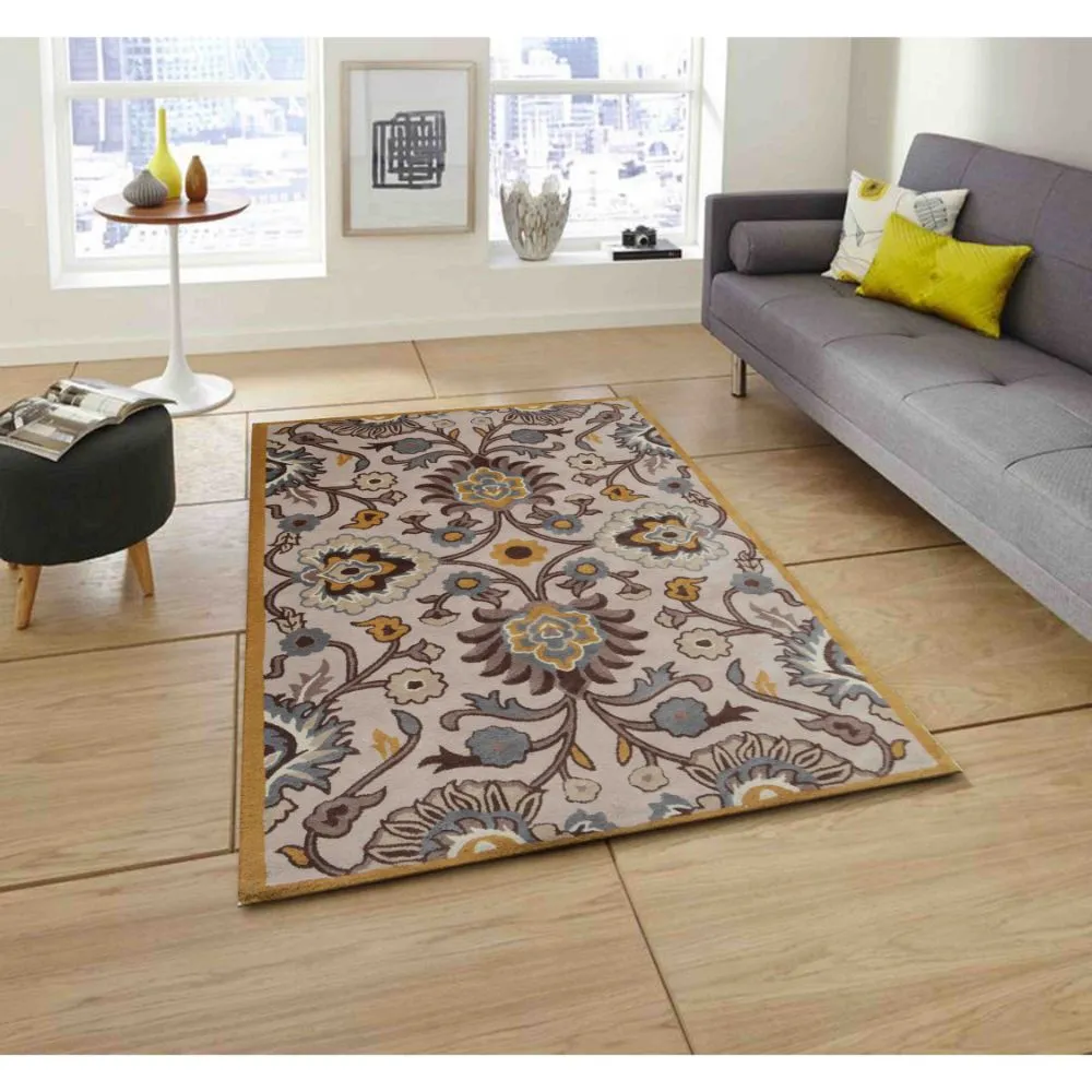 Kashmiri Floral Motif Brown & Beige Tufted Area Carpet