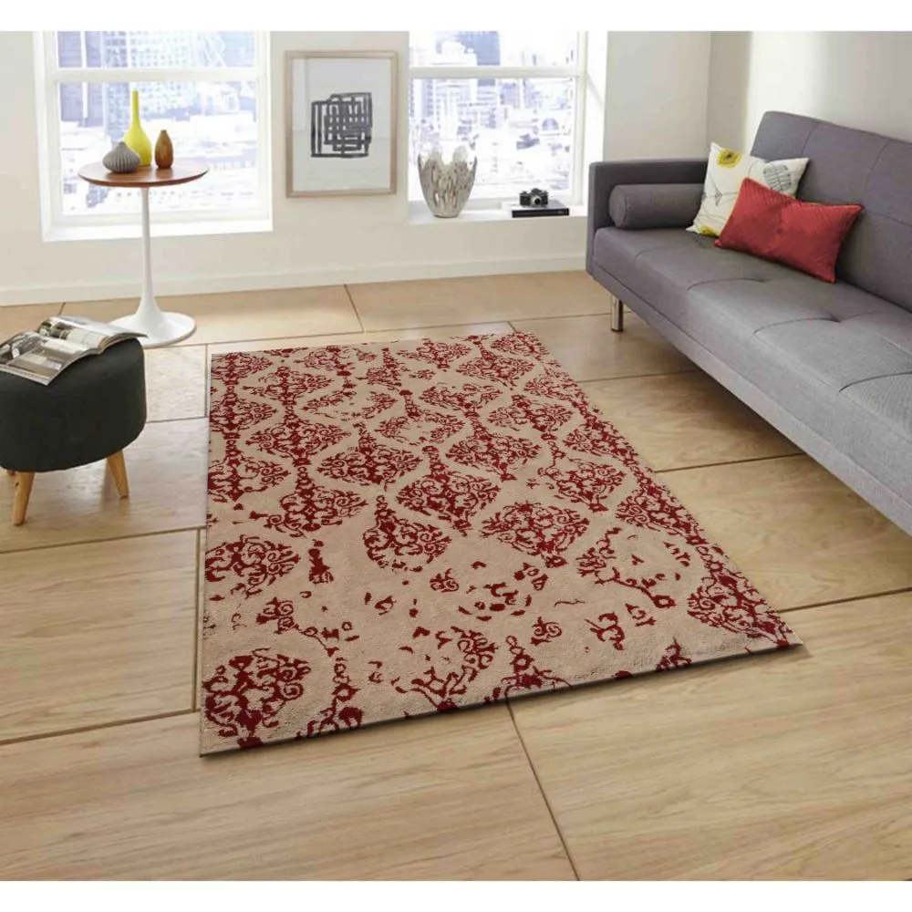 Kashmiri Motif Abstract Red & Beige Tufted Area Carpet