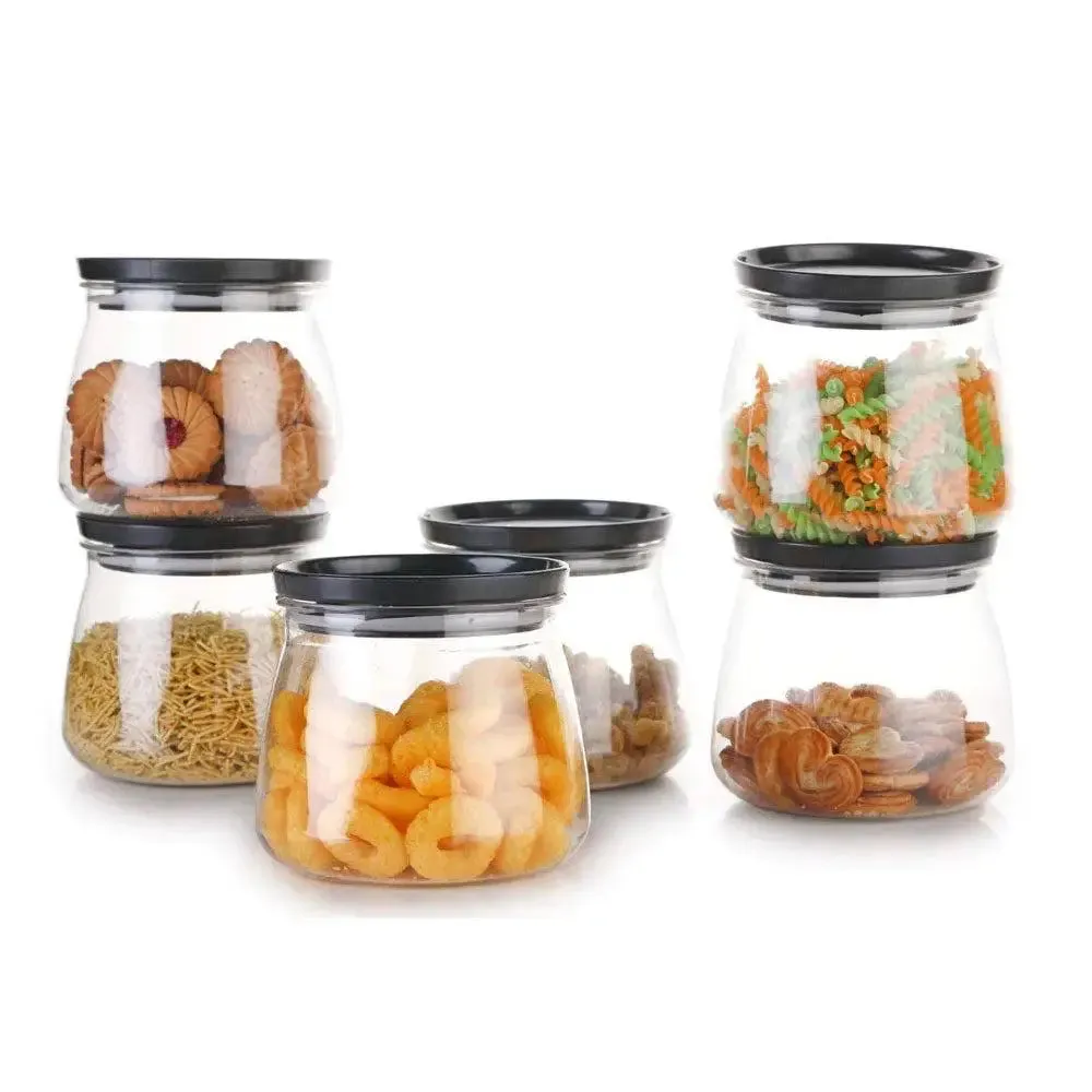 Kitchen Storage Container With Airtight Black Metal Lid Set Of 6 (800 ml)
