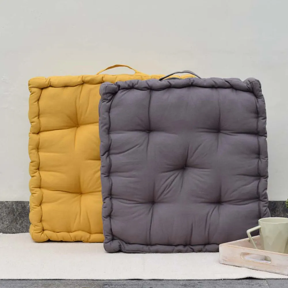 Large Enchanting Box Squared Mustard Yellow and Light Grey Plush Cotton Matlas Floor Cushion With Handle Set Of 2