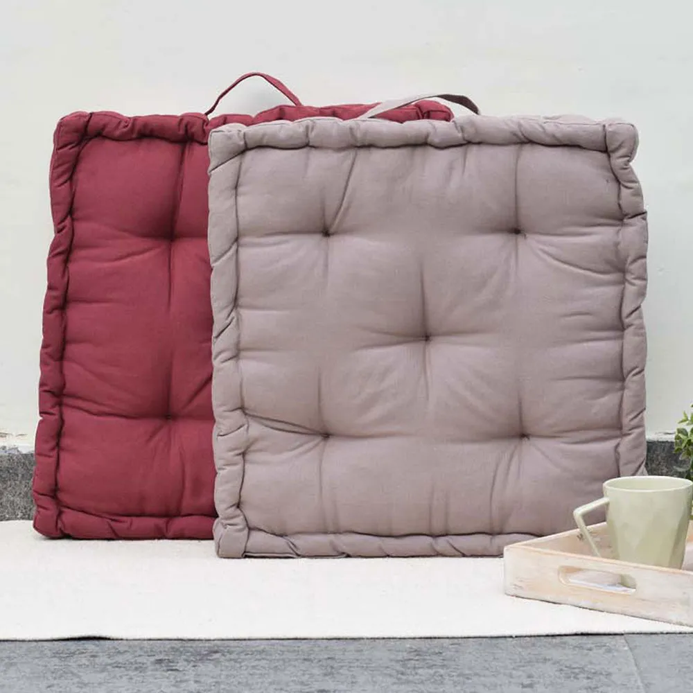 Large Stylish Box Squared Maroon and Grey Plush Cotton Matlas Floor Cushion With Handle Set Of 2