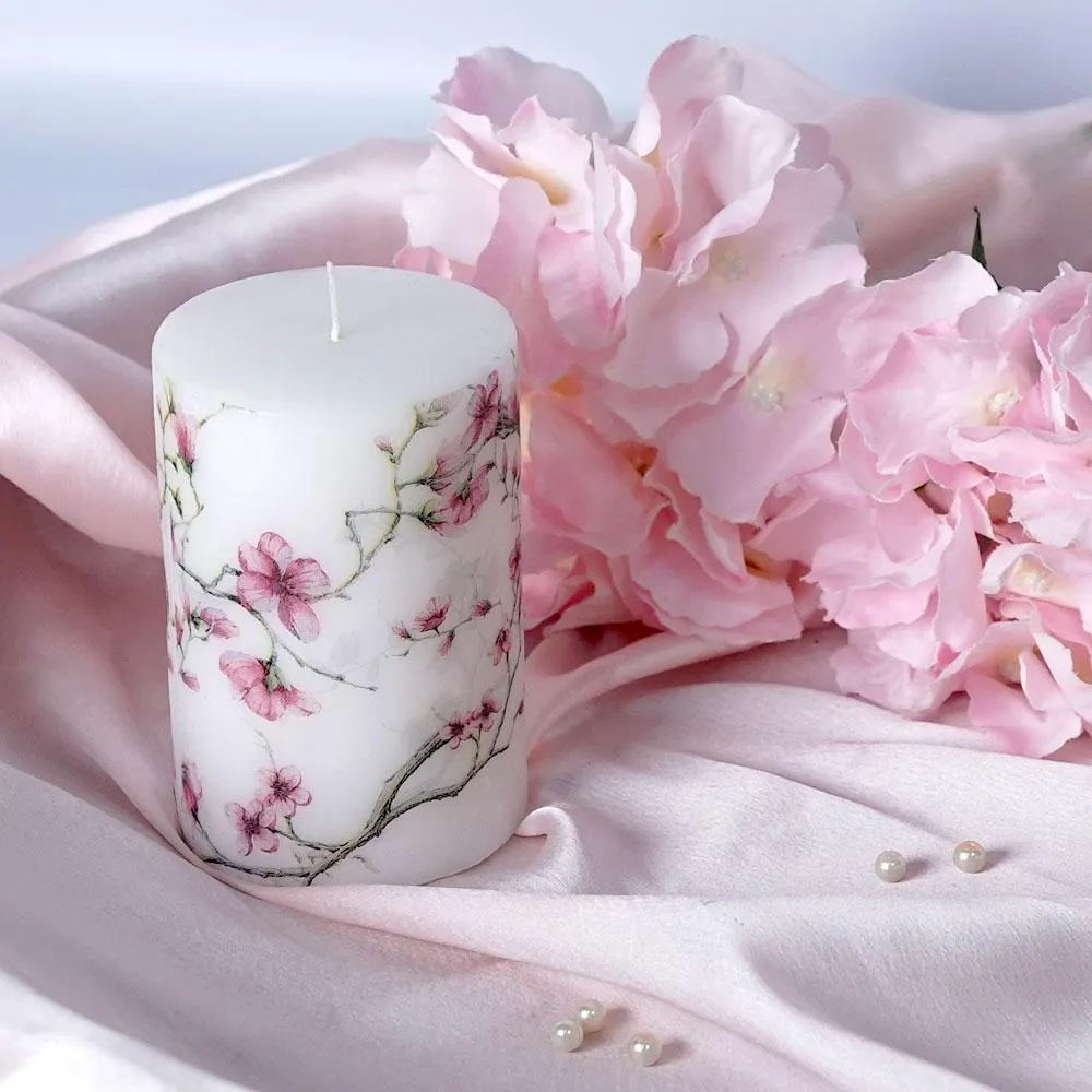Lavender & Vanilla Cherry Blossom Designer Scented Pillar Candle- 2.7×4 in