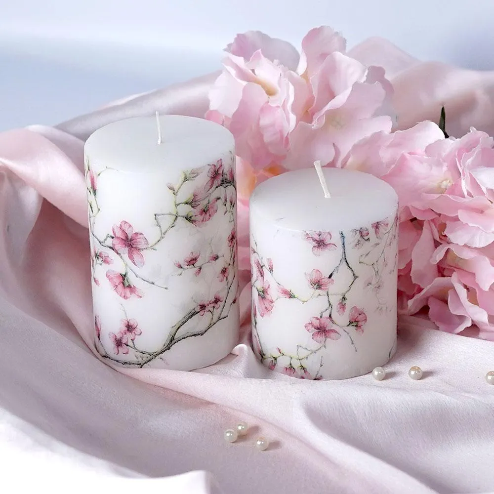 Lavender & Vanilla Cherry Blossom Designer Scented Pillar Candle- Set of 2