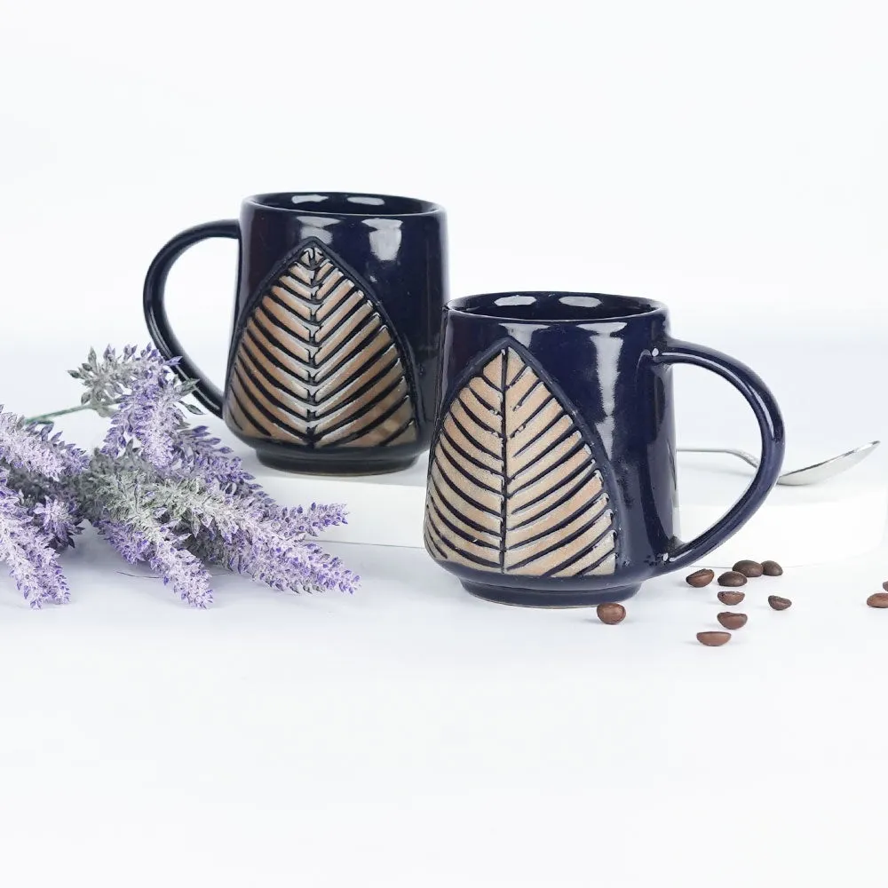 Leaf Designed Indigo Ceramic Mugs