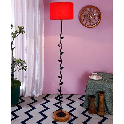 Leaf Floor Lamp with Wood Round Base & Drum Cotton Shade