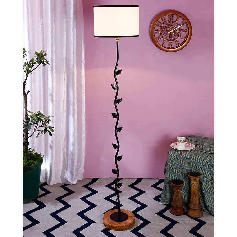 Leaf Floor Lamp with Wood Round Base & Drum Cotton Shade