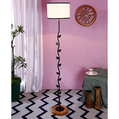Leaf Floor Lamp with Wood Round Base & Drum Cotton Shade