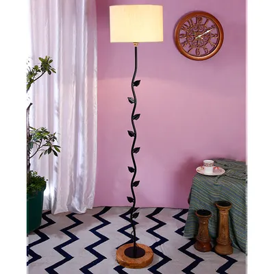 Leaf Floor Lamp with Wood Round Base & Drum Cotton Shade