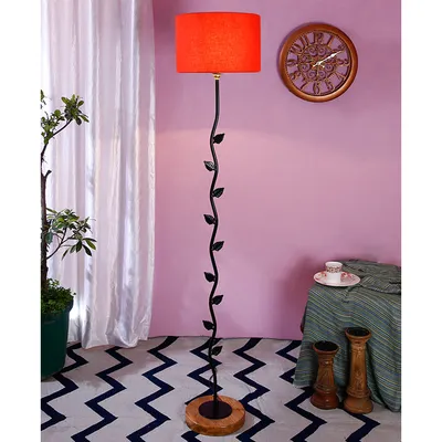 Leaf Floor Lamp with Wood Round Base & Drum Cotton Shade
