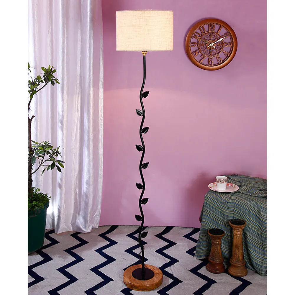 Leaf Floor Lamp with Wood Round Base & Drum Jute Shade