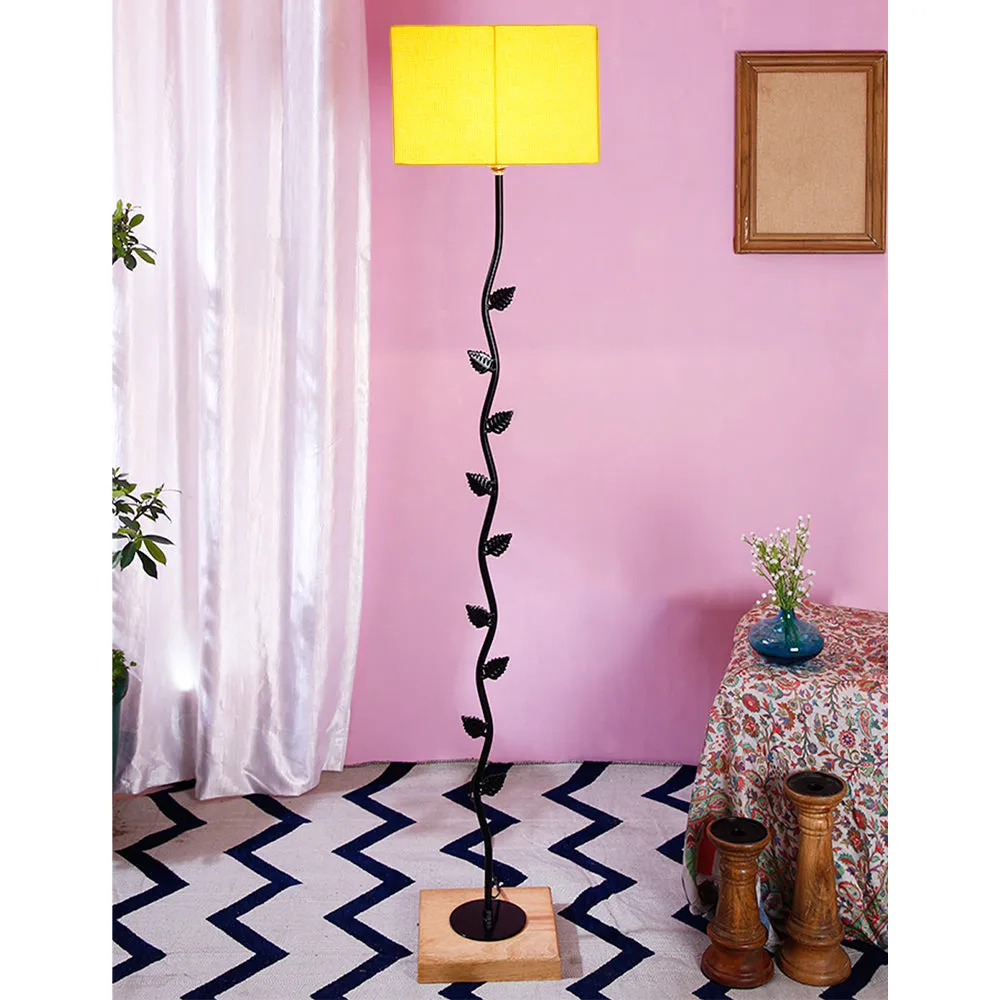Leaf Floor Lamp with Wood Square Base & Cotton Shade