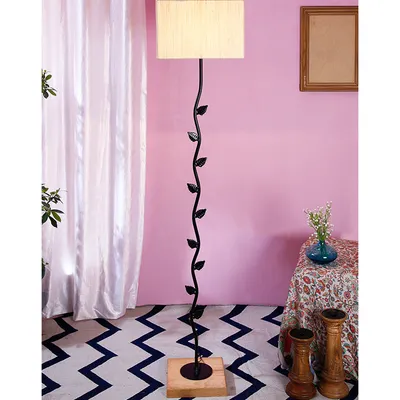 Leaf Floor Lamp with Wood Square Base & Cotton Shade