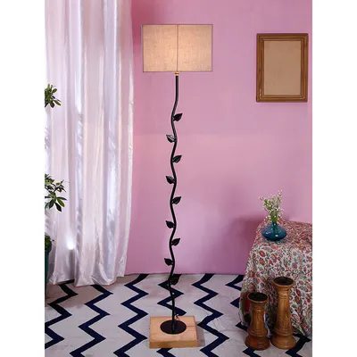 Leaf Floor Lamp with Wood Square Base & Cotton Shade