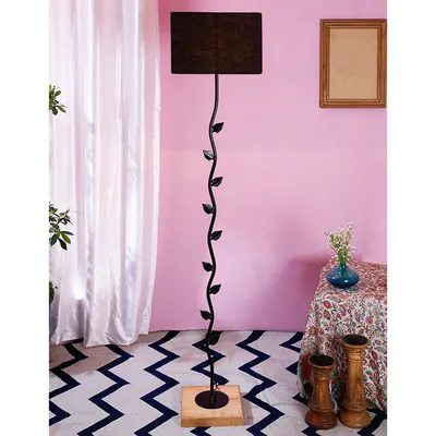 Leaf Floor Lamp with Wood Square Base & Cotton Shade