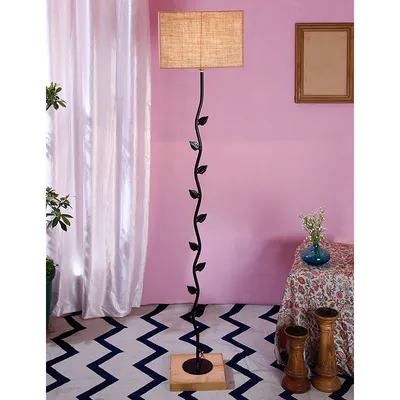 Leaf Floor Lamp with Wood Square Base & Jute Shade