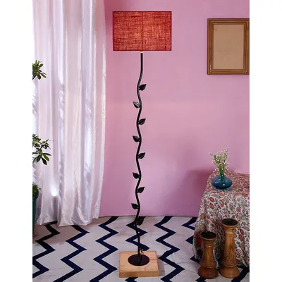 Leaf Floor Lamp with Wood Square Base & Jute Shade