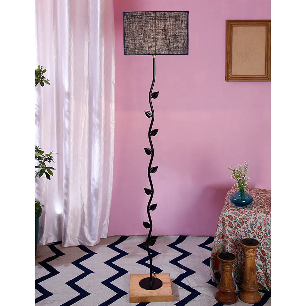 Leaf Floor Lamp with Wood Square Base & Jute Shade
