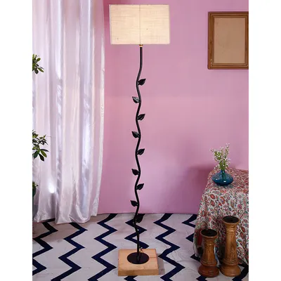 Leaf Floor Lamp with Wood Square Base & Jute Shade