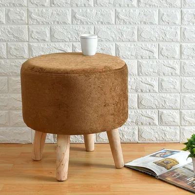 Light Beige Color Wooden Pouffe Stool