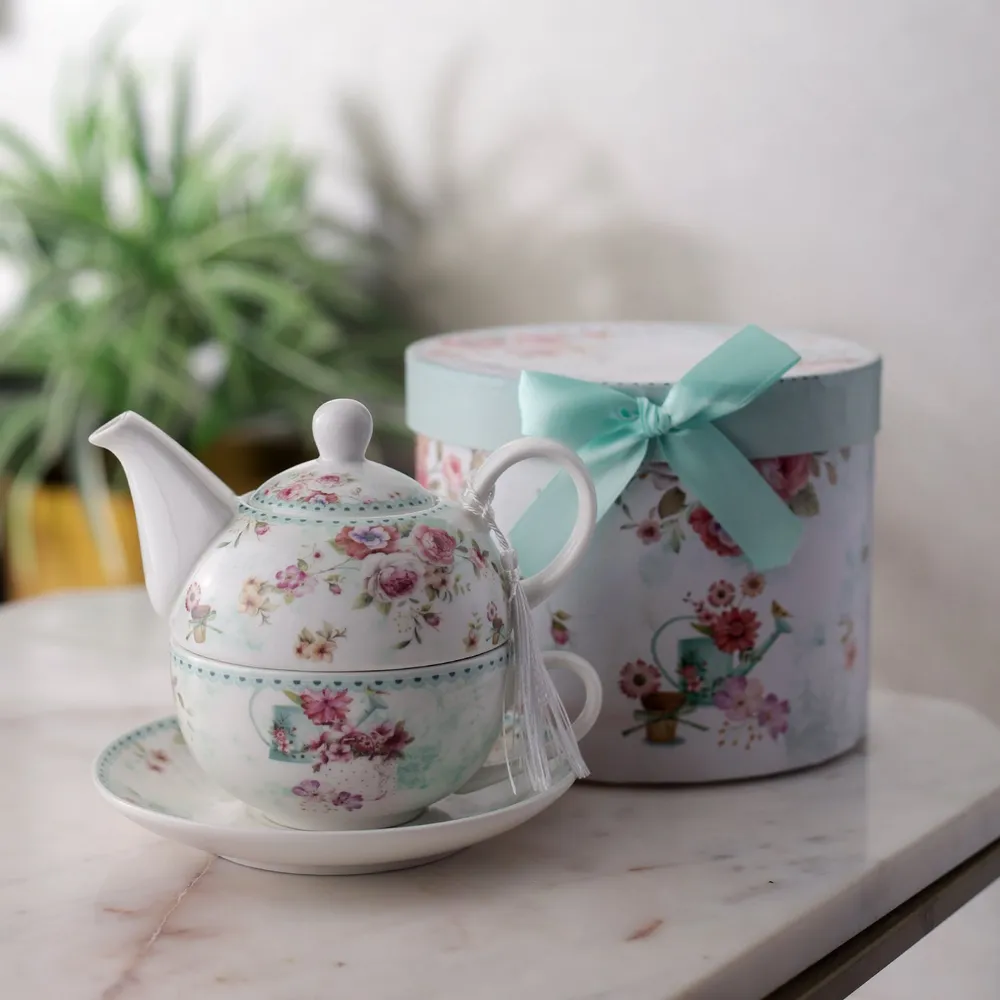 Light Floral Designer Kettle, Teacup & Saucer Set Of 3