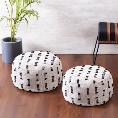 Living Room Corner Black and White Cotton Poufee Stool Set Of 2 Without Filler