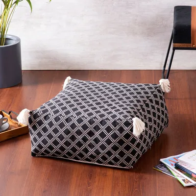 Living Room Corner Lattice Patterned Cotton Tasseled Pouffe Stool Without Filler
