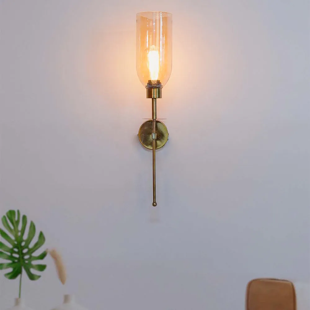 Long cylindrical glass Antique Gold Finish Long Armed Single Light Wall Sconce