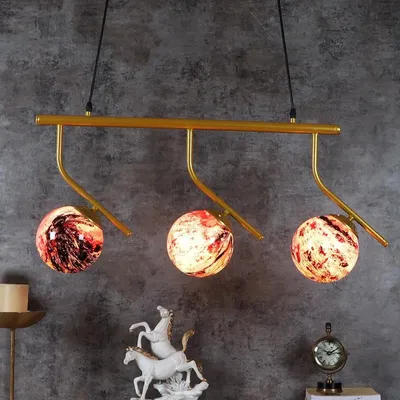 Long Golden Red Splashed Hanging Light In Doom Glass