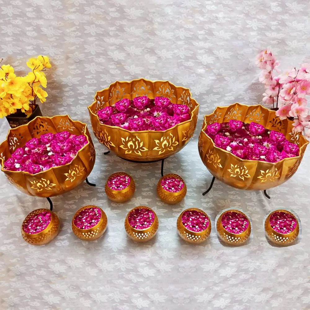Lotus Designed Laser Cut Golden Urli Bowl Set Of 11