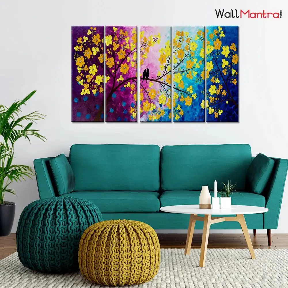 Love Bird On Colourful Tree Branch 5 Pieces Canvas Print Wall Painting
