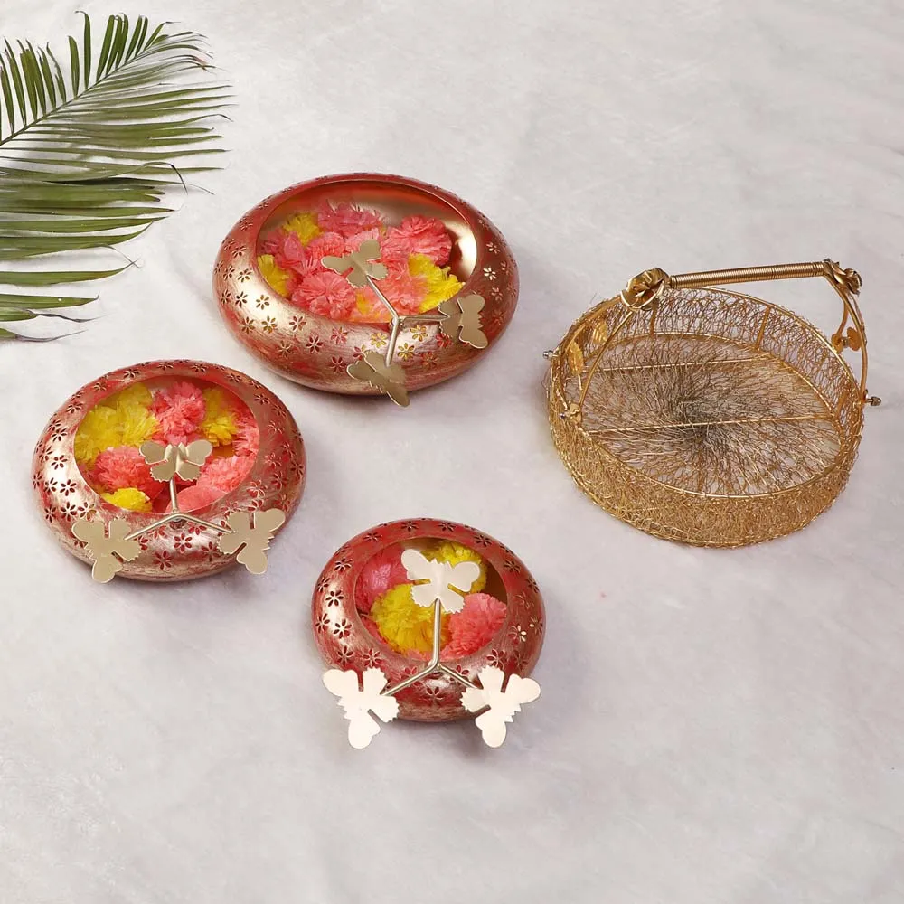 Luscious Red & Gold Decorative Urli Bowl Set Of 3