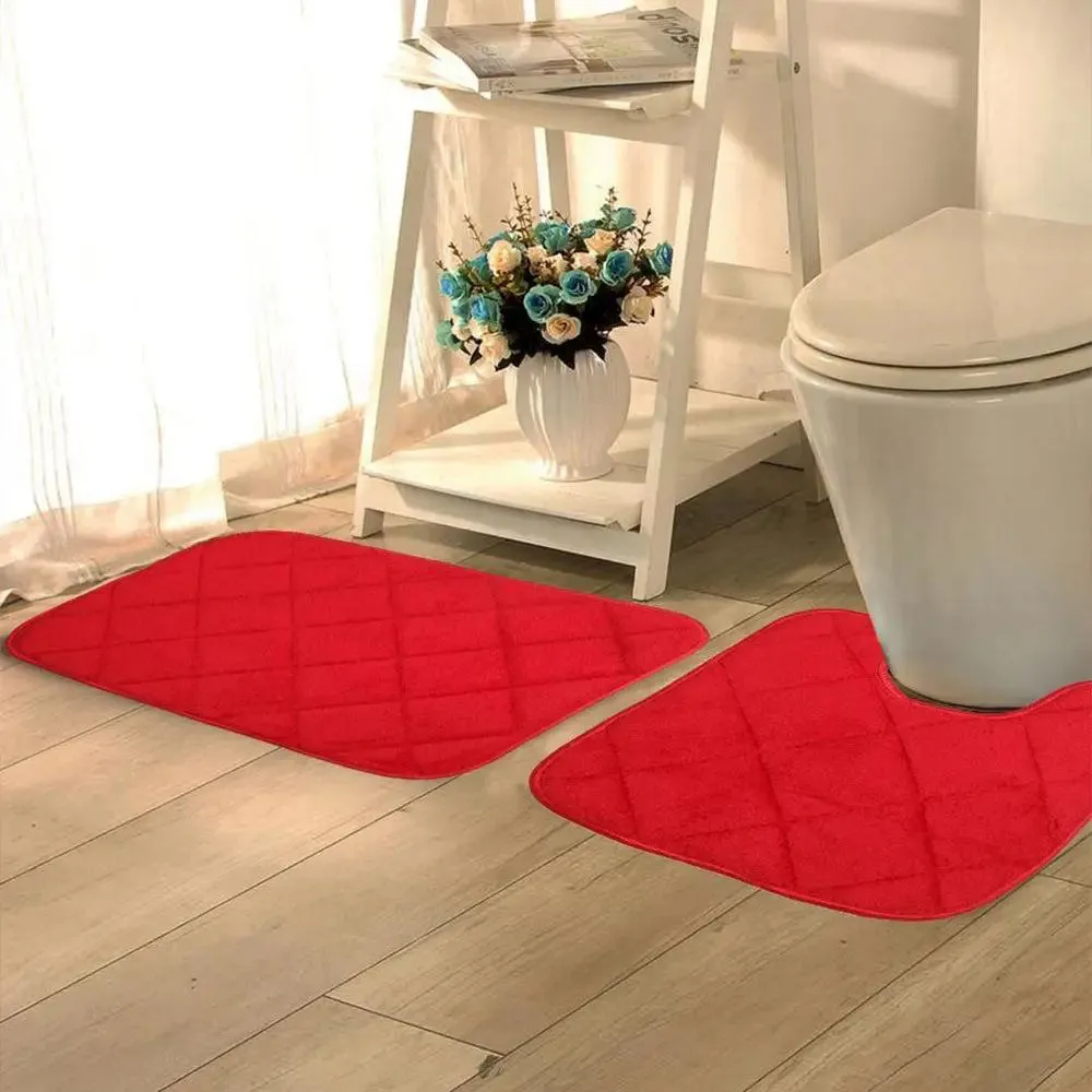 Lushomes Red Anti-Slip Memory Foam Bath Mat Set