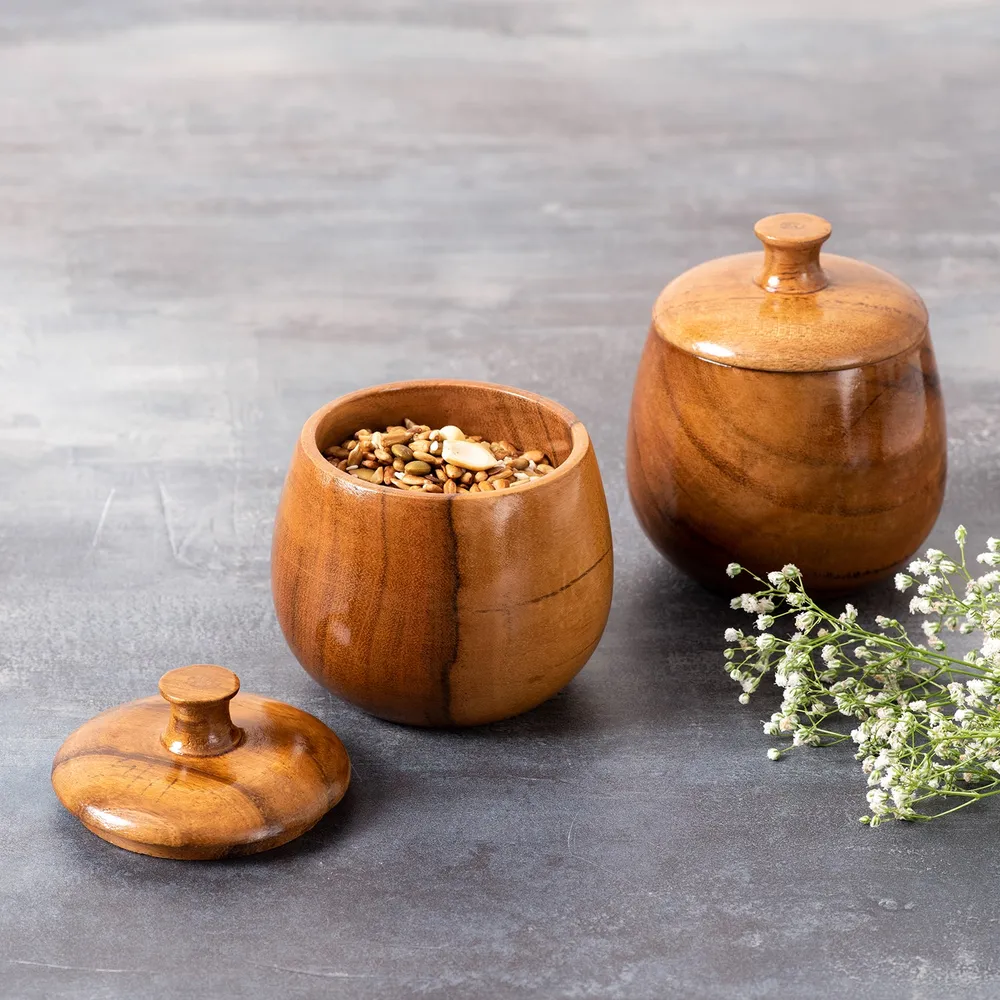 Lustrous Brown Wooden Multipurpose Container Set Of 2