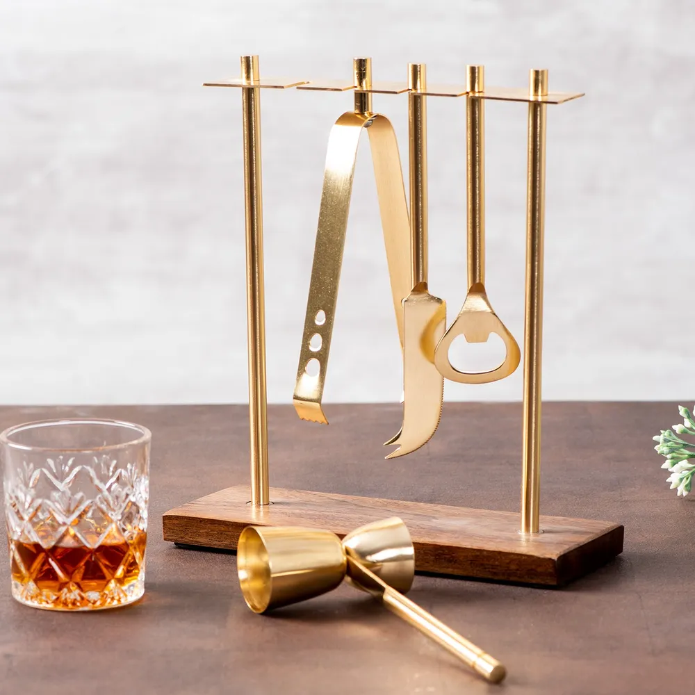 Lustrous Gold Stainless Steel Bar Tool Set Of 4 With Stand