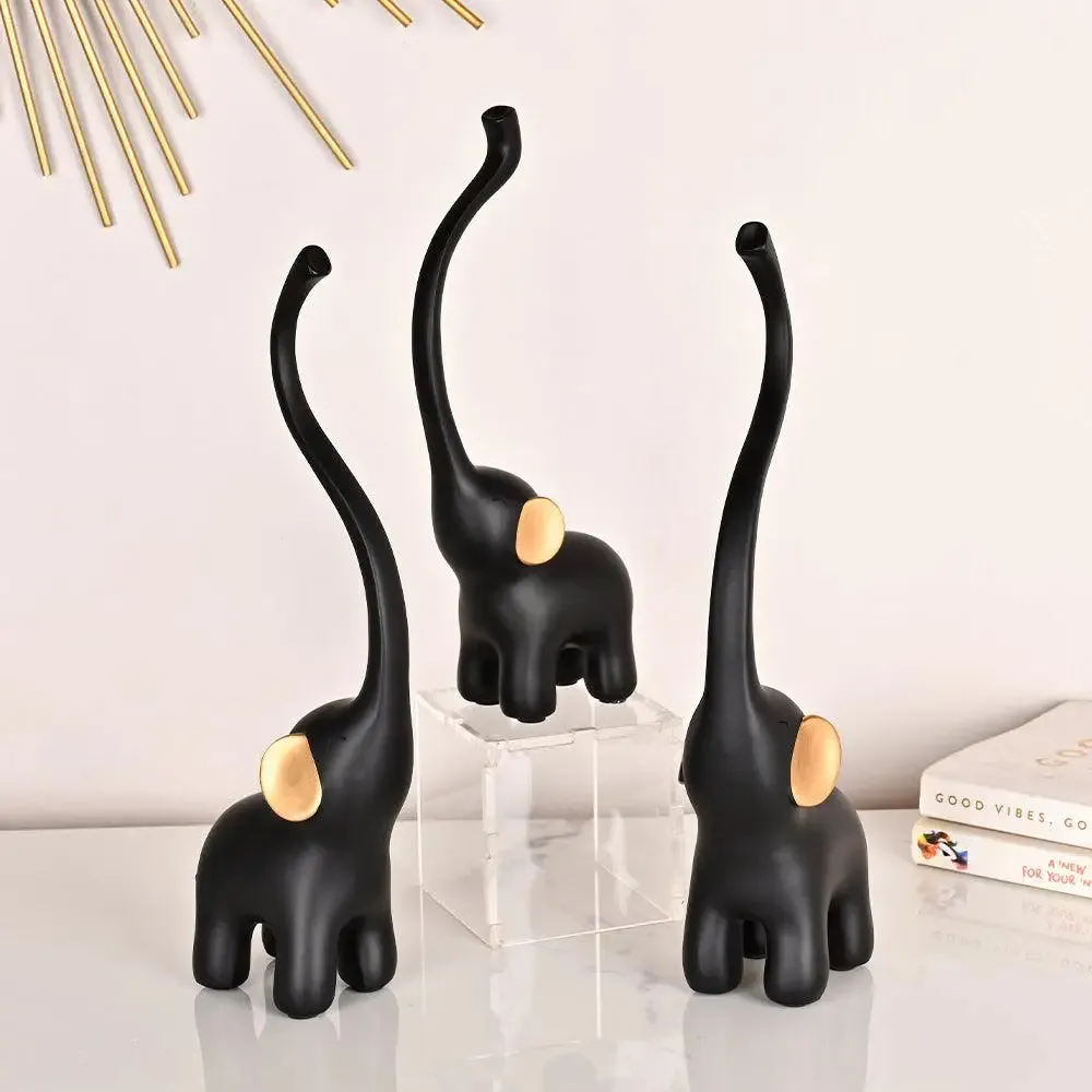 Luxe Long Trunk Black &amp; Gold Elephant Polyresin Figurine (Set of 3)