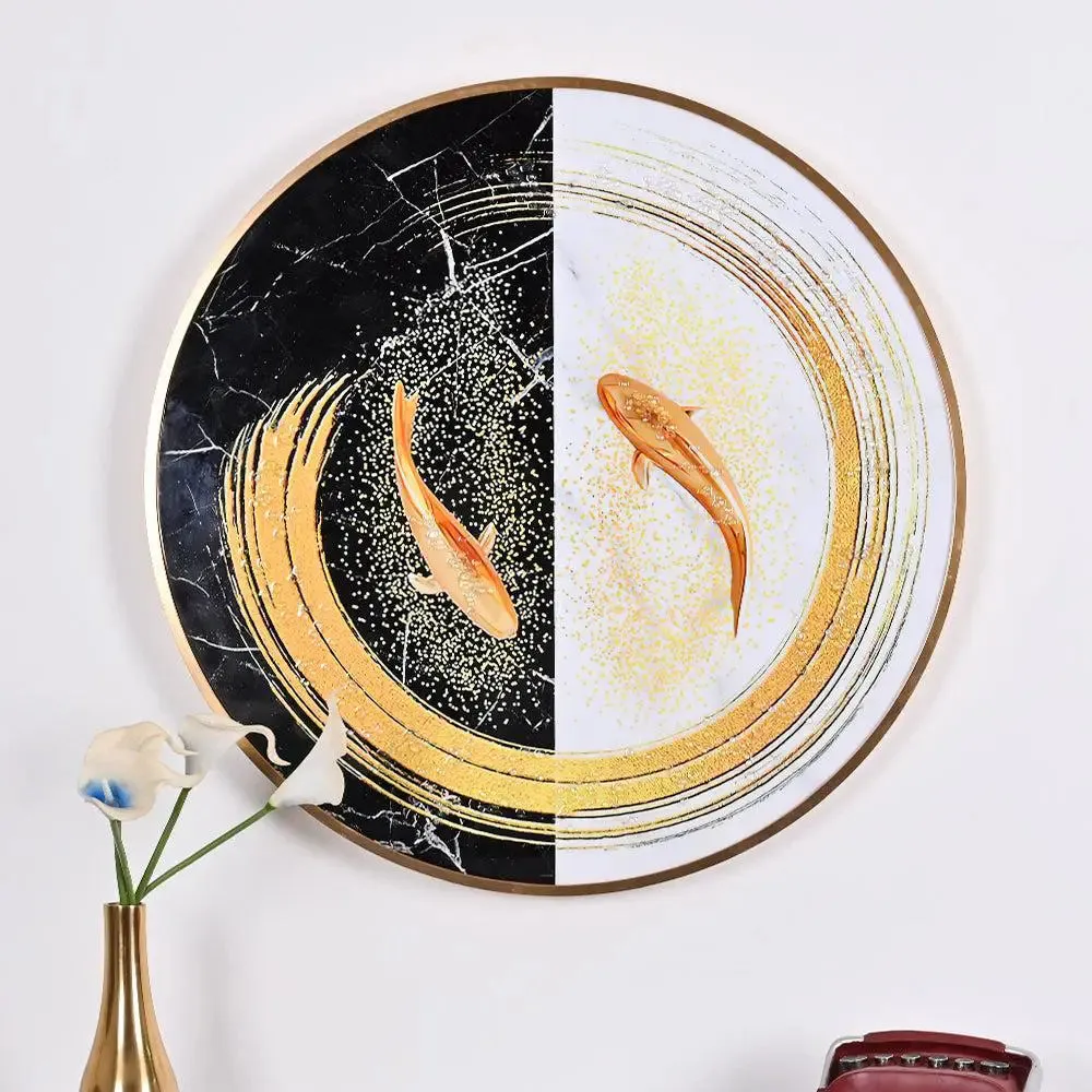 Luxe Yin Yang Cicular Crystal Glass Art Wall Painting- Golden Frame