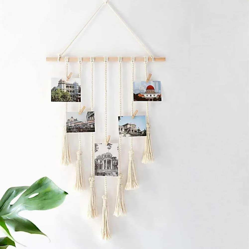 Macrame Fringed Boho Photo Holder With 10 Wooden Clips & Fairy LED String Lights