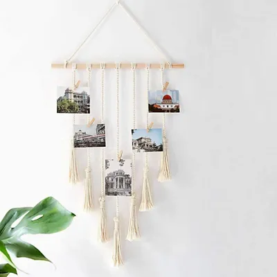 Macrame Fringed Boho Photo Holder With 10 Wooden Clips & Fairy LED String Lights
