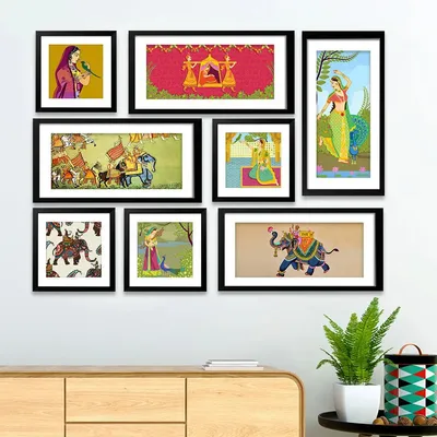 Madhubani Art Collage Picture Wall Frame Set of 8