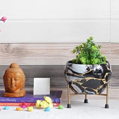 Marble Effect Black & White Indoor Metal Plant Stand with Pot