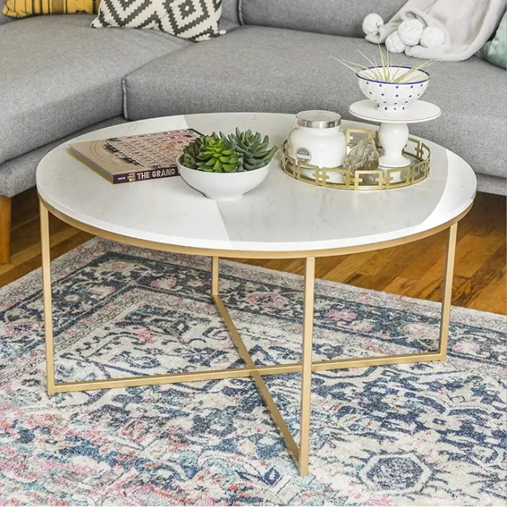 Marble Only For Minimalist Golden Metal Centre Table In Criss Cross Design