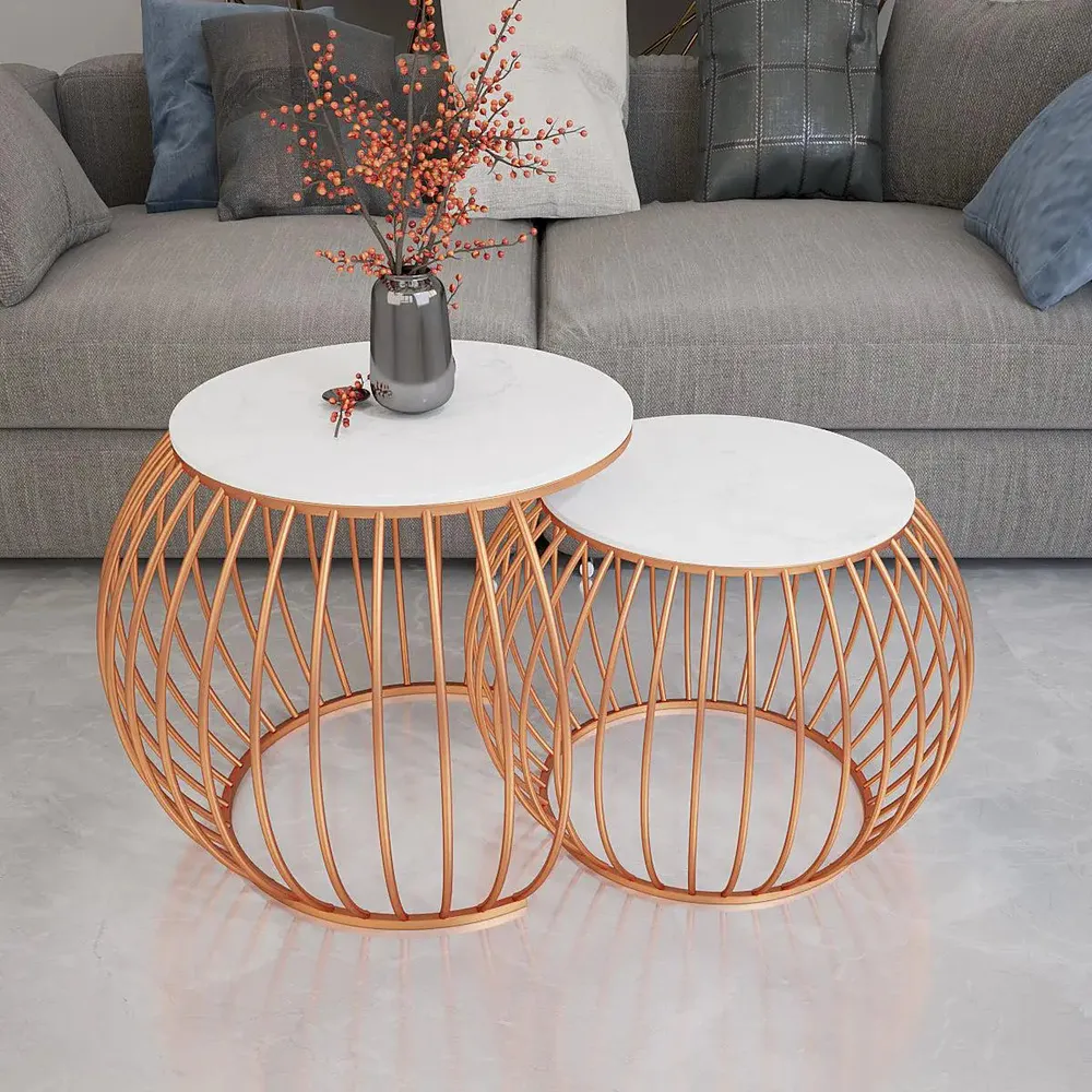 Marble only Ornate Round Copper Coffee Table (Set of 2)