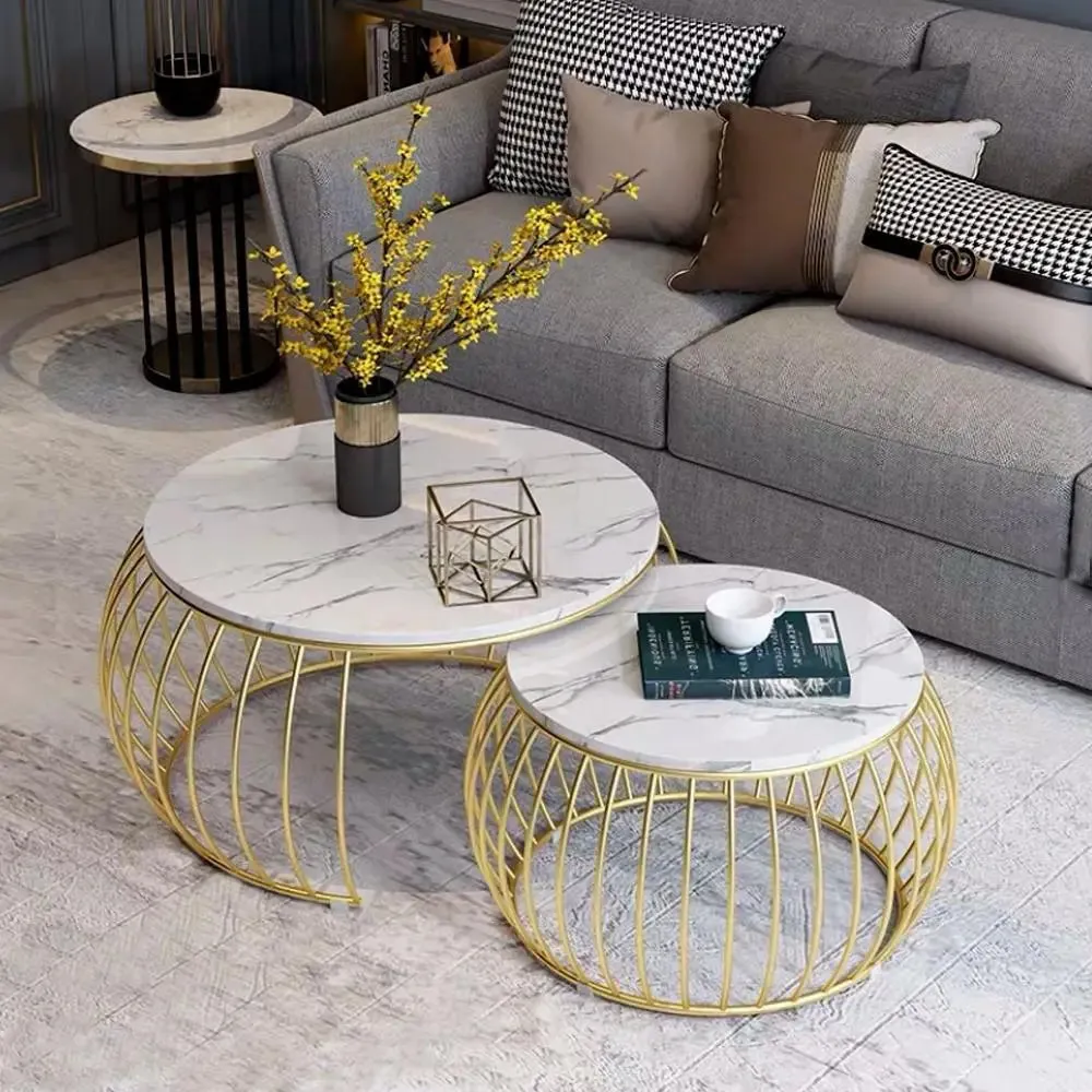 Marble only Ornate Round Golden Coffee Table (Set of 2)