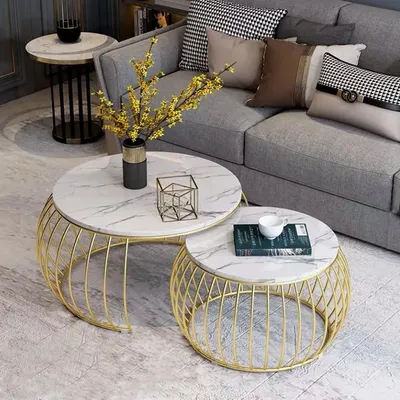 Ornate Round Golden Coffee Table (Set of 2)