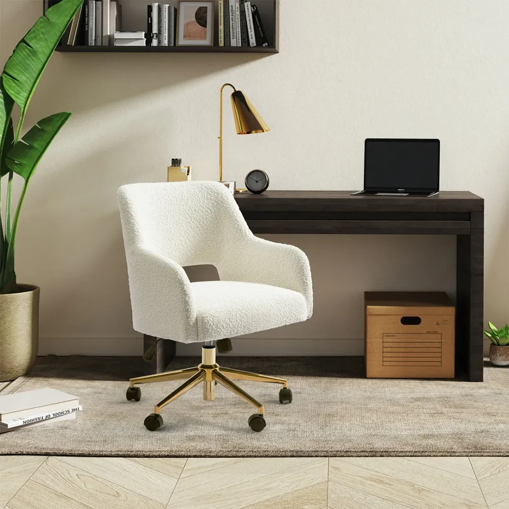 Mid-Century Modern Office Vanity Swivel Chair with Wheels in Cream