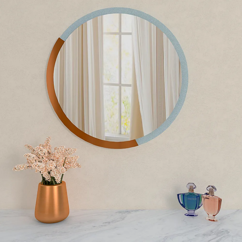 Minimalist Round Copper & Silver Finish Wooden Wall Mirror