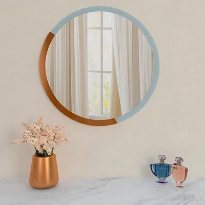 Minimalist Round Copper & Silver Finish Wooden Wall Mirror