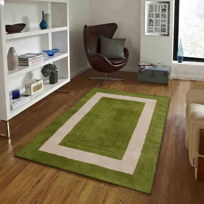 Minimalist Square Patterned Green & Beige Tufted Area Carpet
