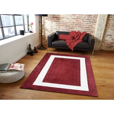 Minimalist Square Patterned Maroon & White Tufted Area Carpet