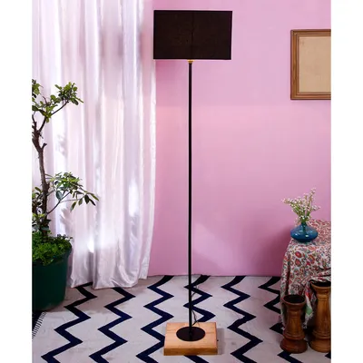 Minimalist Stick Floor Lamp With Wooden Base & Sqaure Shade
